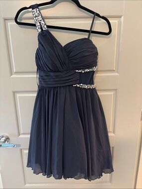 Navy One-Shoulder Embellished Prom Dress